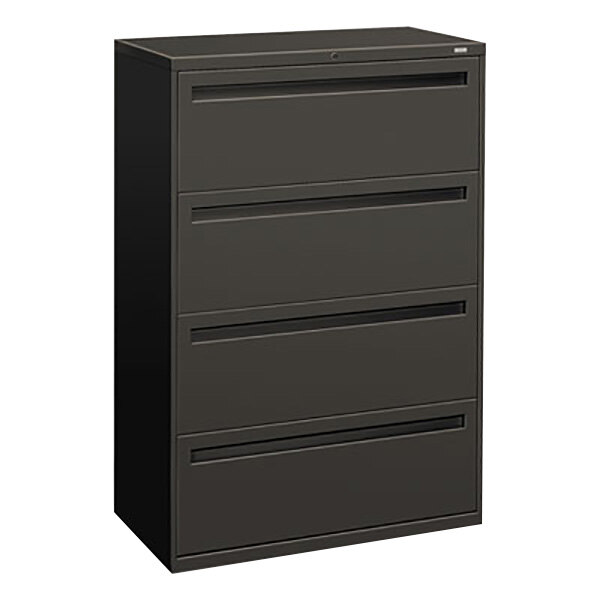 A black HON 700 Series 4-drawer lateral file cabinet.
