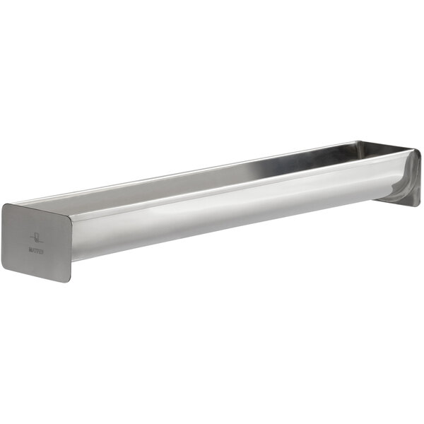 A stainless steel rounded rectangular cake mold with a white background.