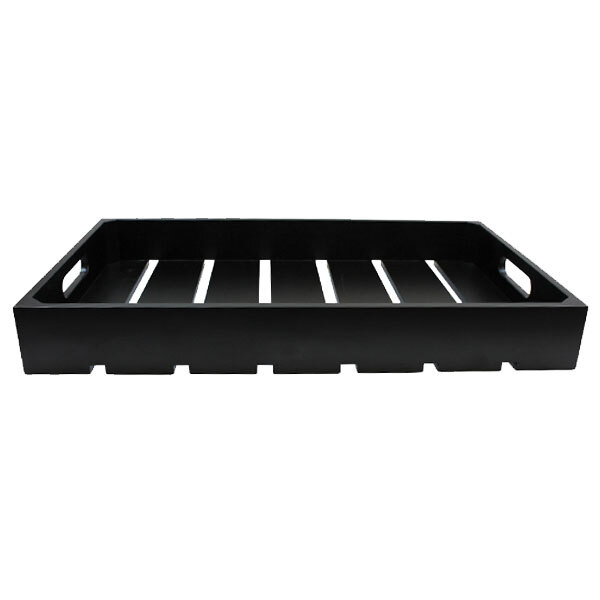 A black Tablecraft Gastronorm serving and display crate with four compartments and handles.