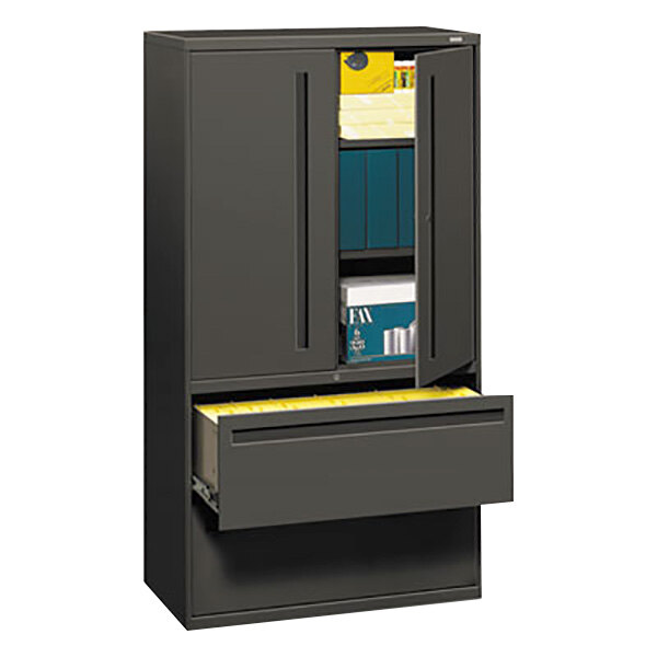 A black HON 700 Series file cabinet with two lateral filing drawers.