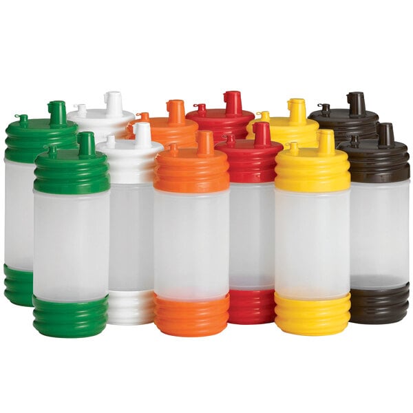 A close-up of a Tablecraft plastic bottle with a low profile cap in assorted colors.