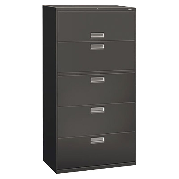 A black HON 600 Series lateral filing cabinet with five drawers and silver handles.