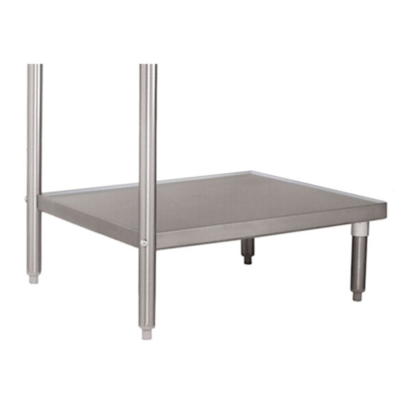 A grey rectangular metal shelf with a pole.
