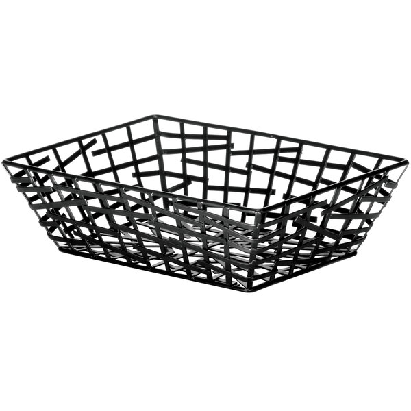 A black rectangular metal basket with a lattice design.
