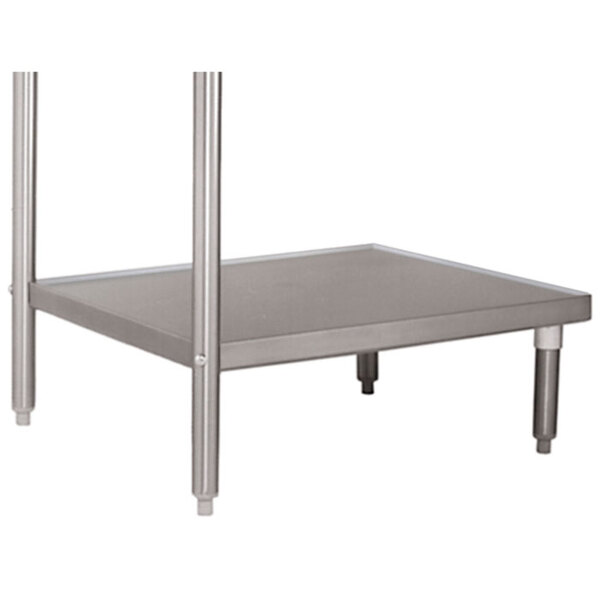 A stainless steel metal shelf with legs.