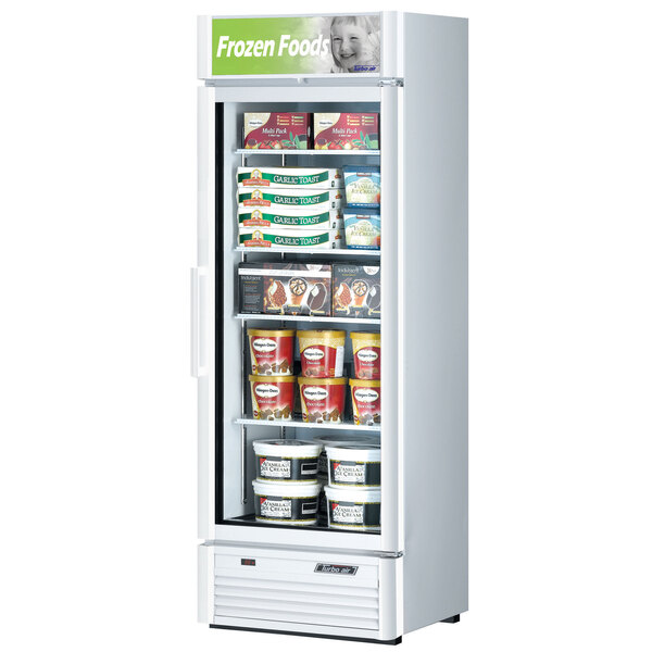 A white Turbo Air glass door merchandising freezer full of a variety of products.