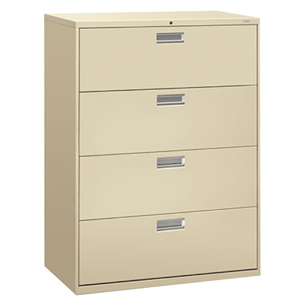 A tan HON 600 Series lateral filing cabinet with silver handles.