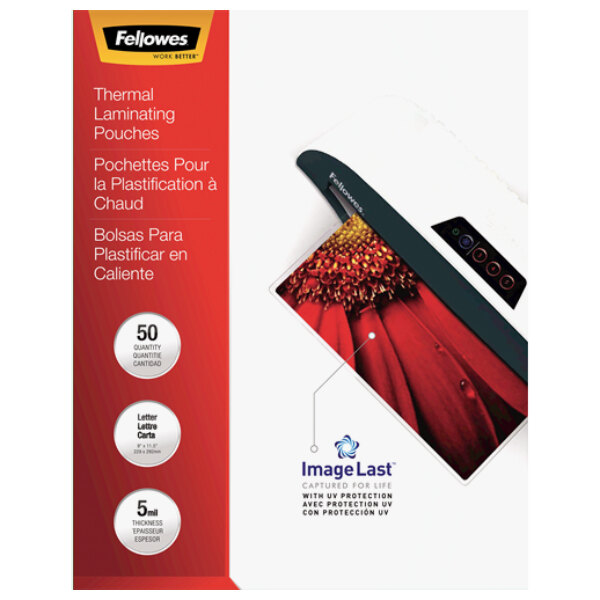 A package of Fellowes thermal laminating pouches with a red and white label.