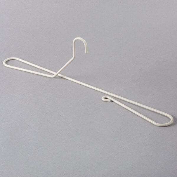 A white Snap Drape Table Skirting hanger with two hooks.