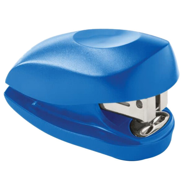 A blue Swingline mini stapler with a metal handle.