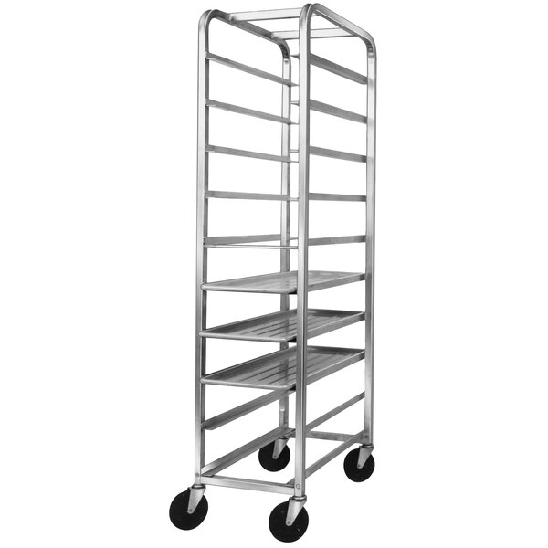 A Channel bottom load aluminum platter rack with 10 shelves on wheels.