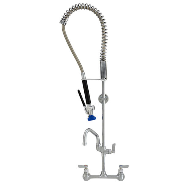 A Fisher wall mounted pre-rinse faucet with a hose.