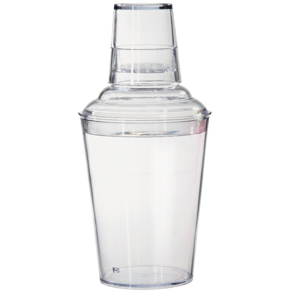 A clear plastic GET Cobbler cocktail shaker with clear liquid inside.