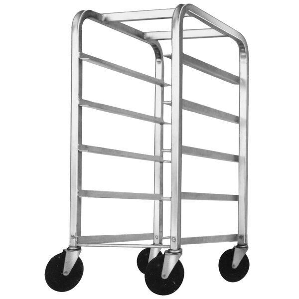 A Channel stainless steel platter rack with four shelves and four wheels.