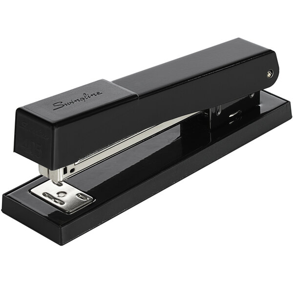 A black Swingline stapler with silver metal accents.