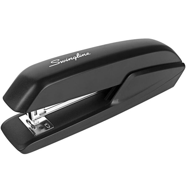 A Swingline black stapler with silver accents.