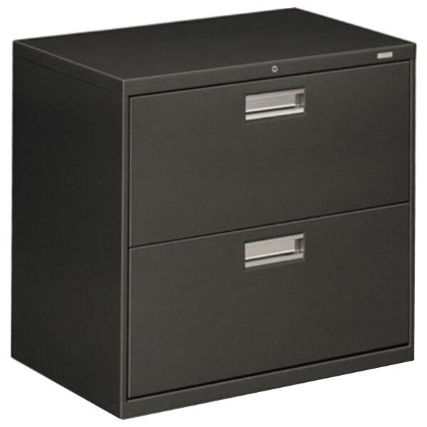A black HON 600 Series two-drawer filing cabinet.