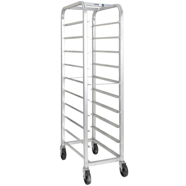 A Channel bottom load heavy-duty aluminum platter rack with 10 shelves and wheels.