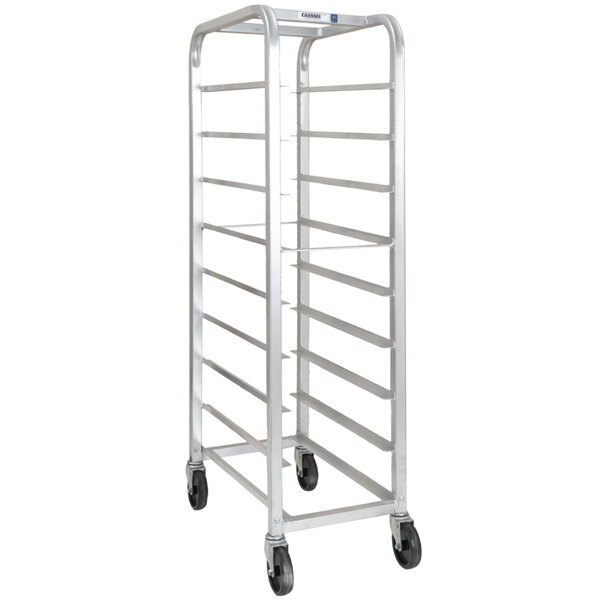 A white heavy-duty aluminum Channel bottom load rack with black wheels.