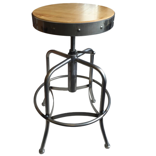 A Holland Bar Stool clear coat steel stool with a natural wood seat.