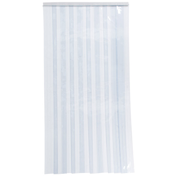 A white rectangular object with a black border and white and blue vertical striped curtain.