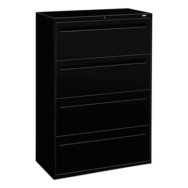 A black HON lateral filing cabinet with four drawers.