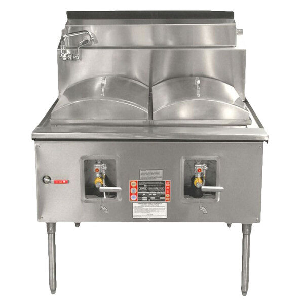A Town stainless steel liquid propane two compartment Cheung Fun noodle range on a counter.