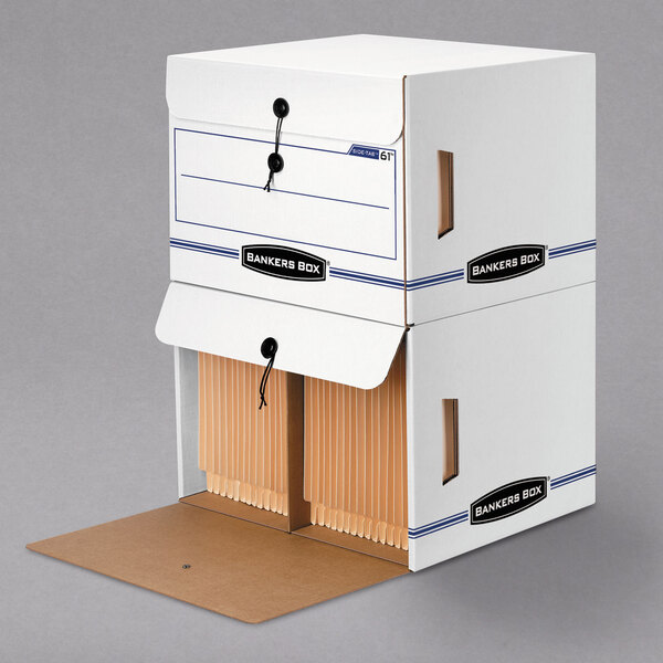 A white Bankers Box end-tab file storage box with a drop-front lid.