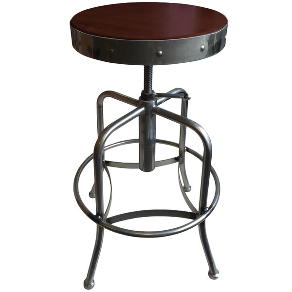 A Holland Bar Stool clear coat steel stool with a dark cherry finish wooden seat.