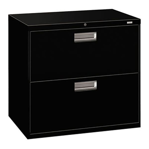 A black HON 600 Series lateral filing cabinet with two drawers and silver handles.