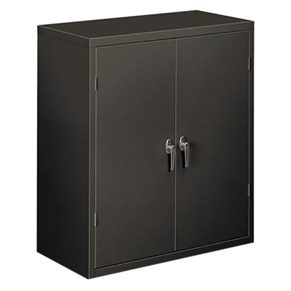 A black metal Hon storage cabinet with silver handles on the doors.