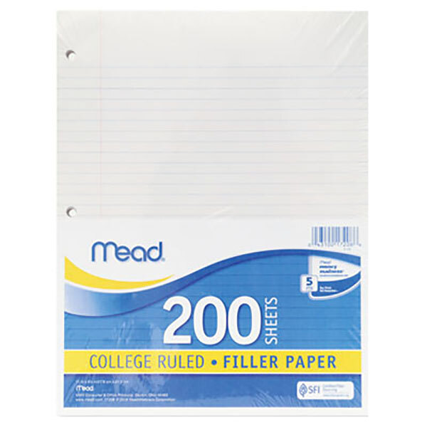 A package of Mead white college ruled filler paper with blue and white labeling.