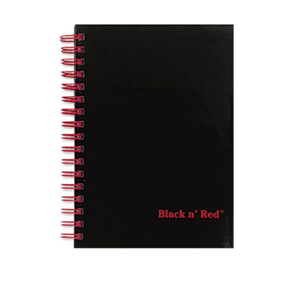 A Black n' Red notebook with red writing on it.
