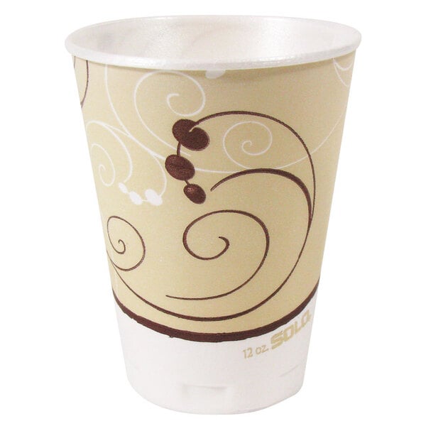 A Solo Symphony foam cup with a swirl design.