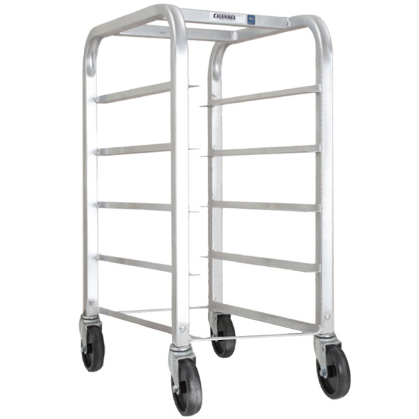 A silver metal Channel Bottom Load heavy-duty aluminum platter rack with 5 shelves and 4 wheels.