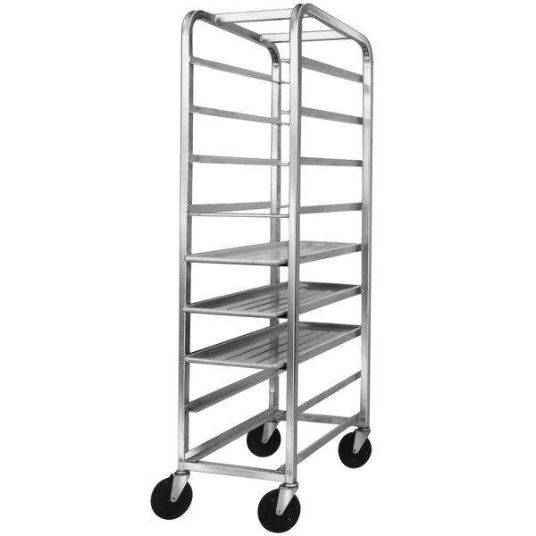 A Channel bottom load stainless steel platter rack with 9 shelves.
