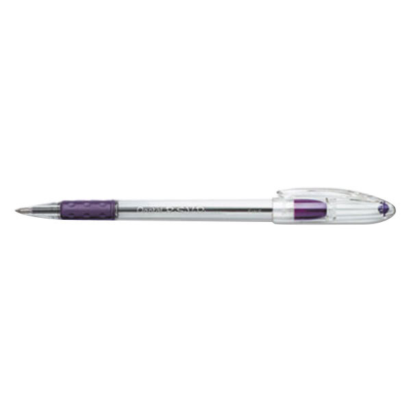 A close-up of a Pentel R.S.V.P. violet ballpoint pen with a translucent barrel and silver trim.