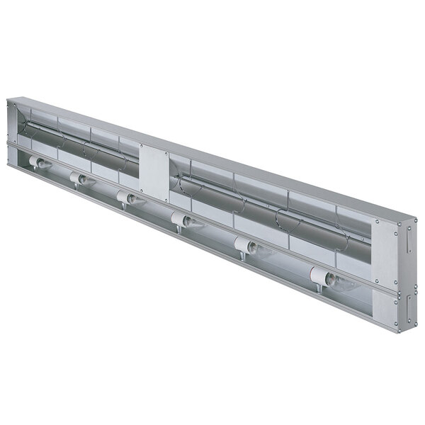 A Hatco Glo-Ray infrared warmer with a long rectangular light fixture above a metal shelf with two rollers.