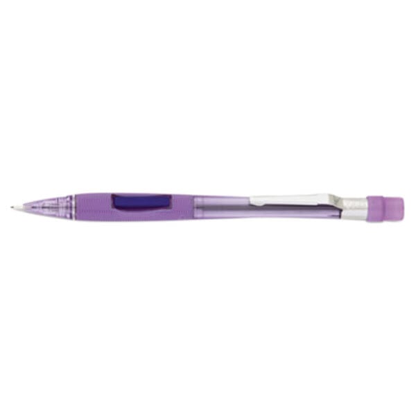 A transparent violet Pentel Quicker Clicker mechanical pencil with a silver clip.