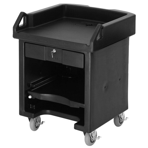 A black Cambro Versa cart with heavy duty casters.