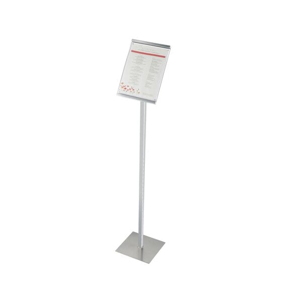 A silver metal Cal-Mil sign display stand with a white paper sign on it.
