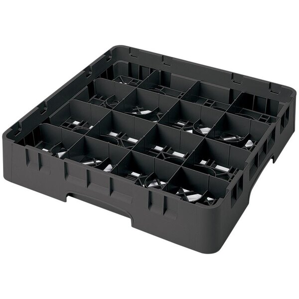 A black plastic Cambro glass rack with 16 compartments and 6 extenders.