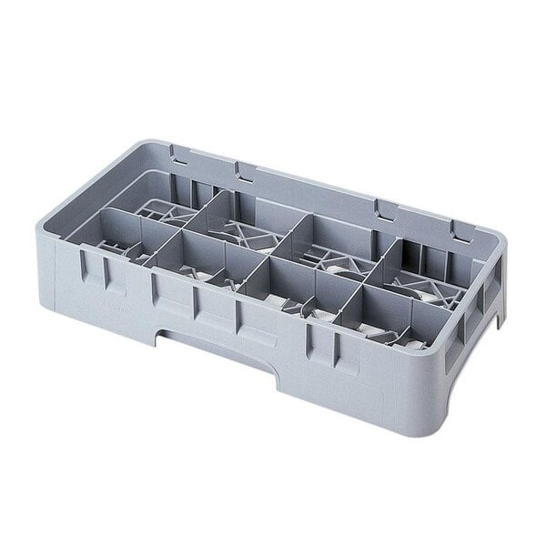 A grey plastic Cambro half-size glass rack with eight compartments.