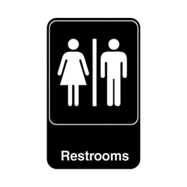 A black and white Traex restroom sign with a man and woman pictogram.