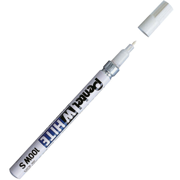 A close-up of a Pentel white fine point permanent marker with a cap on.