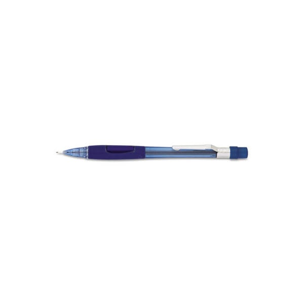 A transparent blue Pentel Quicker Clicker mechanical pencil with silver tip.