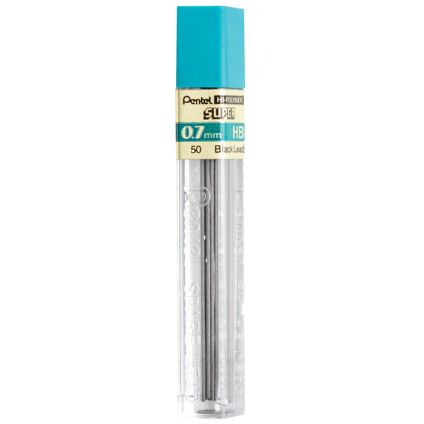 A clear plastic tube with a blue cap containing Pentel 50HB Black 0.7mm HB lead.