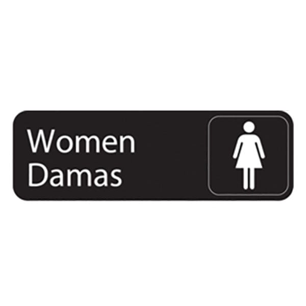 A black rectangular sign with white text that says "women" and "damas" with a white woman figure.