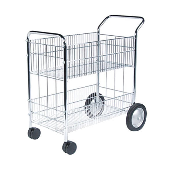 A metal mail cart with two shelves and wheels.