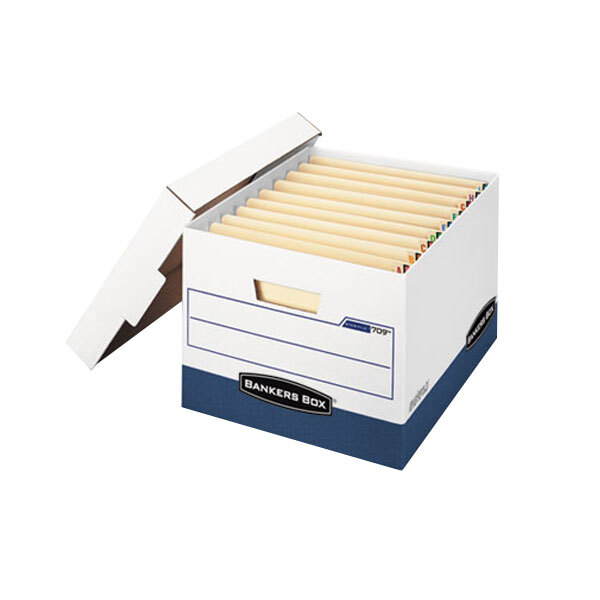A white Bankers Box with a blue and white lid open with file folders inside.